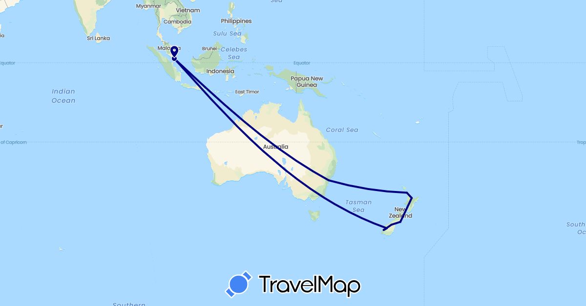TravelMap itinerary: driving in Australia, New Zealand, Singapore (Asia, Oceania)